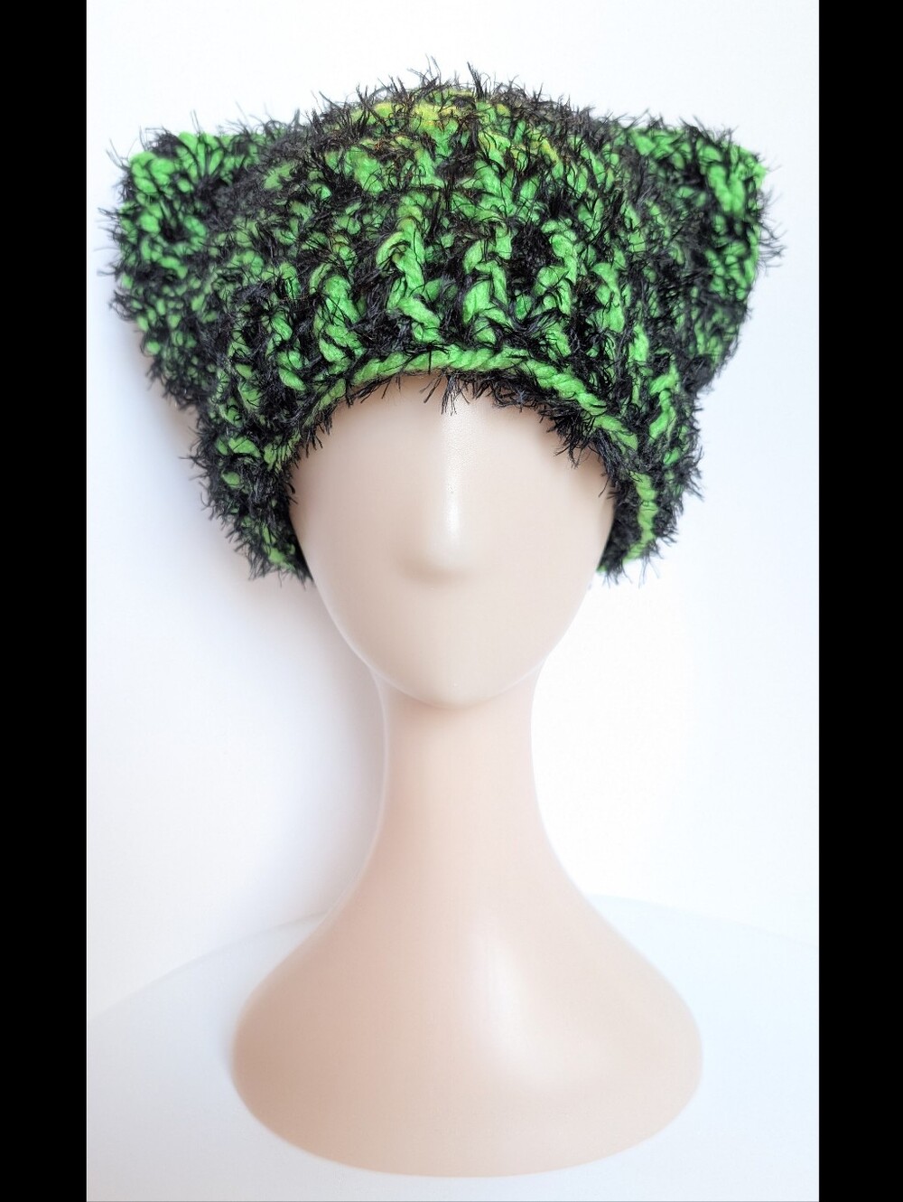 NEW, green and black cat ear beanie, crochet, handmade